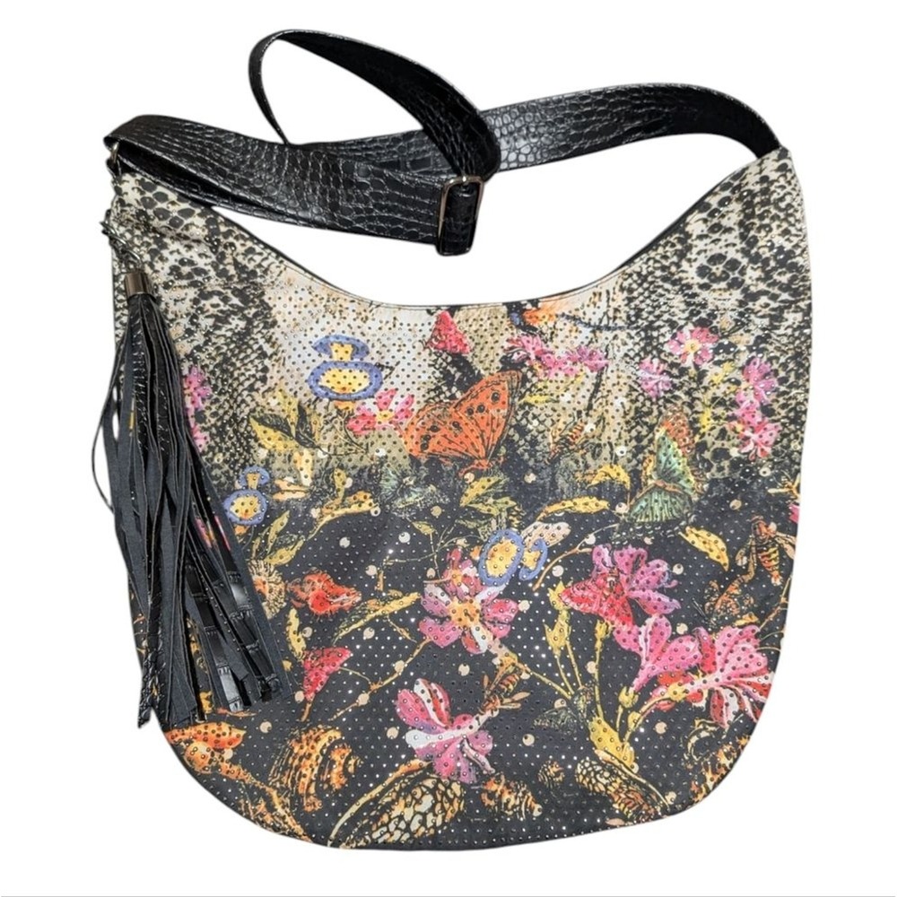 Expressions NYC Butterfly Floral Studded Boho Crossbody Hobo Bag Tassel Detail